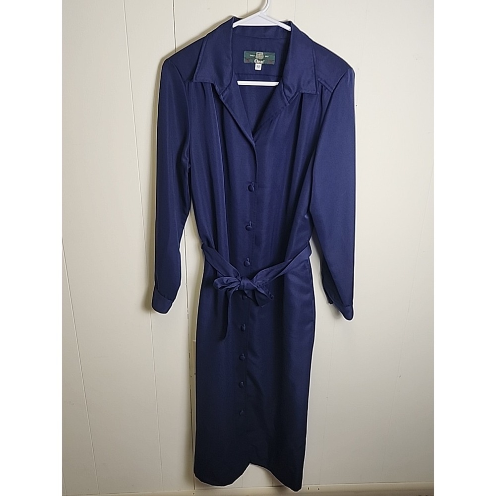 Vintage Orvis  Dress Womens 12 Navy Belted Button Long Sleeve